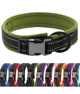 HSIGIO Nylon Padded Dog Collar Soft Adjustable Reflective Wide Pet Collars for Small Medium Large Dogs,Black/Green,L