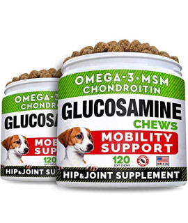 Glucosamine Treats for Dogs - Joint Supplement w/Omega-3 Fish Oil - Chondroitin, MSM - Advanced Mobility Chews - Joint Pain Relief - Hip & Joint Care - Peanut Butter Flavor - 240 Ct
