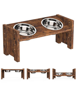 Vantic Elevated Dog Bowls - Adjustable Raised Dog Bowls for Small Dogs and Cats, Durable Rustic Brown Particle Board Dog Food Bowl Stand with 2 Stainless Steel Bowls and Non-Slip Feet