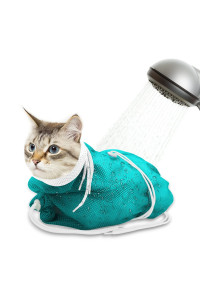 Catcan Cat Bathing Bag, Breathable Mesh Cat Shower Bag Anti Scratch Adjustable Cat Grooming Bag for Nail Trimming, Bathing Polyester Soft Cat Washing Bag (White-Green)