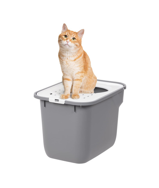 IRIS USA Square Top Entry Cat Litter Box with Scoop, Large Kitty Litter Tray with Litter Catching Lid Less Tracking Dog Proof and Privacy Walls, Gray/White