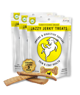 HappyTails canine Wellness Jazzy Jerky cluck-A-Licious chicken Lovers 3-Pack - 95 Premium chicken, gut Immune Health, Skin coat Health, Made in USA, Natural Dog Jerky Treats, 30 oz