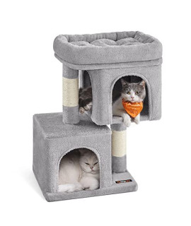 Feandrea Cat Tree, 26.4-Inch Cat Tower, S, Cat Condo for Kittens up to 7 lb, Large Cat Perch, 2 Cat Caves, Scratching Post, Light Gray UPCT611W01
