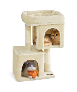 Feandrea Cat Tree, 26.4-Inch Cat Tower, S, Cat Condo for Kittens up to 7 lb, Large Cat Perch, 2 Cat Caves, Scratching Post, Beige UPCT611M01