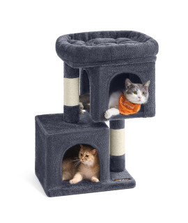 Feandrea Cat Tree, 26.4-Inch Cat Tower, S, Cat Condo for Kittens up to 7 lb, Large Cat Perch, 2 Cat Caves, Scratching Post, Smoky Gray UPCT611G01