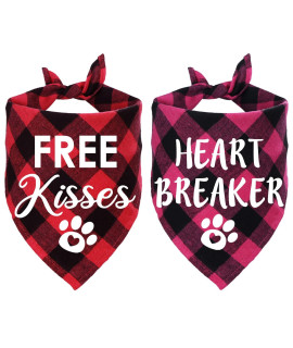 STMK 2 Pack Valentine's Day Dog Bandanas, Valentines Plaid Dog Puppy Bandana for Dog Puppy Valentine's Day Wedding Holiday Party Costumes (Free Kisses & Heart Breaker)