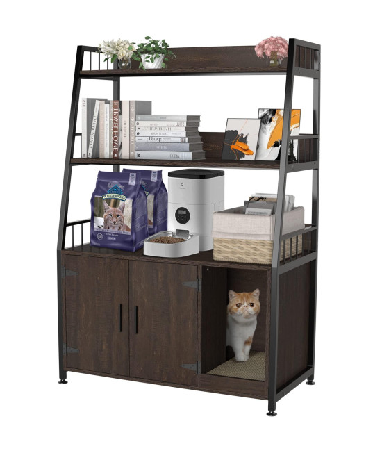 GDLF Large Hidden Cat Litter Box Enclosure Furniture with Shelf Wood Sturdy Cat Washroom Storage with Scratch, Dark Brown