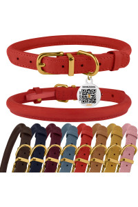 BRONZEDOG Rolled Leather Dog Collar with QR ID Tag Adjustable Soft Round Collars for Small Medium Large Dogs Puppy Cat (9 - 11 Neck Size, Classic Red)