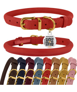 BRONZEDOG Rolled Leather Dog Collar with QR ID Tag Adjustable Soft Round Collars for Small Medium Large Dogs Puppy Cat (9 - 11 Neck Size, Classic Red)
