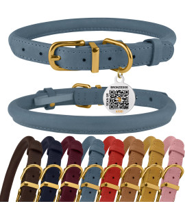 BRONZEDOG Rolled Leather Dog Collar with QR ID Tag Adjustable Soft Round Collars for Small Medium Large Dogs Puppy Cat (14 - 16 Neck Size, Denim)