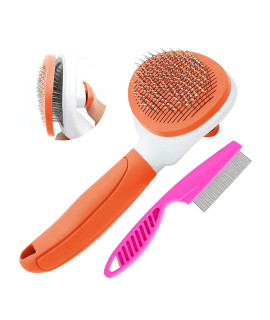 cat Brush for Shedding and grooming, Pet Self cleaning Slicker Brush with cat Hair comb(Orange)