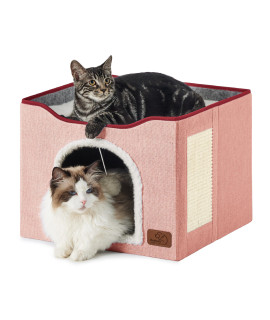 Bedsure Cat Beds for Indoor Cats - Large Cat Cave for Pet Cat House with Fluffy Ball Hanging and Scratch Pad, Foldable Cat Hideaway,16.5x16.5x13 inches, Pink