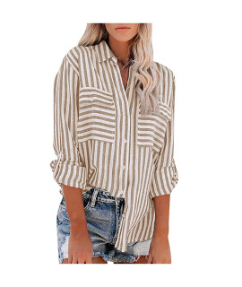Womens Blouses 2023 Spring Fashion Long Sleeve Button Down Shirts Dressy Work Tops Loose Striped collared Blouse