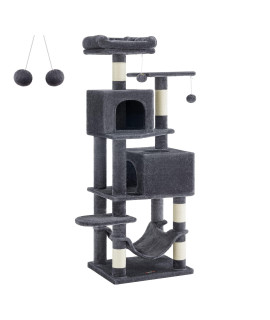 Feandrea Cat Tree, 61-Inch Cat Tower for Indoor Cats, Plush Multi-Level Cat Condo with 5 Scratching Posts, 2 Perches, 2 Caves, Hammock, 2 Pompoms, Smoky Gray UPCT192G01
