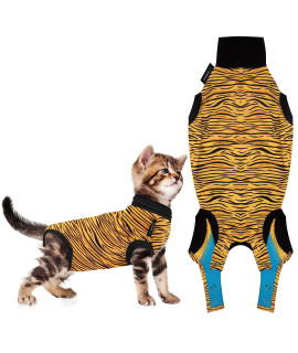 Cat Recovery Suit - Cat Recovery Suit for Spay, Neuter, Suture, Incision, & Skin Conditions - Breathable Fabric with Back Opening - XXS Cat Suit by Suitical, Tiger Print