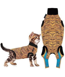 Cat Recovery Suit - Cat Recovery Suit for Spay, Neuter, Suture, Incision, & Skin Conditions - Breathable Fabric with Back Opening - XXXS Cat Suit by Suitical, Tiger Print