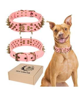 Spiked Studded Dog Collar for Medium Large Dogs, WANYANG 2 Inch Wide Leather Spike Dog Collars with Large Sharp Spikes, Neck Protection, Anti-Bite, Fit Pitbull Doberman German Shepherd, Pink