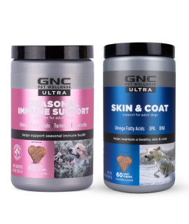 GNC Pets Ultra Supplements Bundle | Includes Immune Support Supplements and Skin & Coat Supplements, Chicken Flavor, 60 Count Each | Soft Chew Dog Supplements from GNC