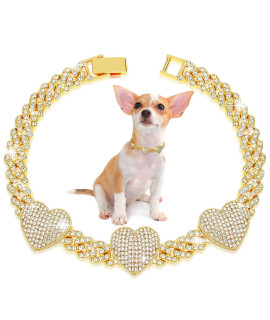 10 inch Glitter Dog Chain Collar Gold Diamond Dog Collars Cuban Dog Chains Necklace Puppy Pet Metal Link Chain with Heart Charm Pet Jewelry Accessories Chain with Buckle for Small Medium Dogs Cats