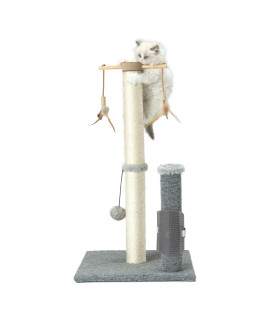 PAWSFANS Cat Scratching Post,Sisal Scratch Posts Scratcher for Indoor Cats and Kittens,with self Grooming Bursh and Interactive Toys Vertical Cat Tree 30Inches Tall Grey