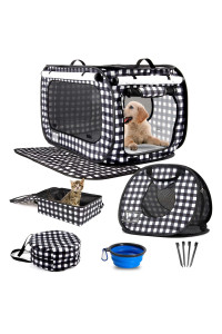 Pop up Cat Cage 5pcs Set,Large Kennel Soft Crates with Portable Cat Carrier,Foldable Travel Little Box Cat Condo with Lock Zipper, Pet Mattress and 4 Stakes,Water Food Bowl and Carrybag.