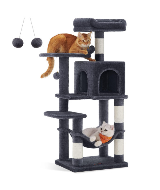 Feandrea Cat Tree, 44.1-Inch Cat Tower for Indoor Cats, Multi-Level Cat Condo with 4 Scratching Posts, 2 Perches, Hammock, Cave, Smoky Gray UPCT261G01