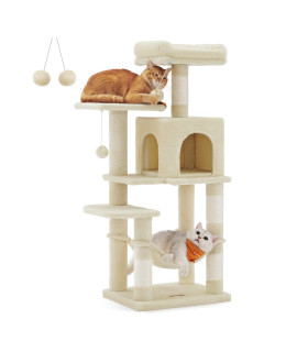 Feandrea Cat Tree, 44.1-Inch Cat Tower for Indoor Cats, Multi-Level Cat Condo with 4 Scratching Posts, 2 Perches, Hammock, Cave, Beige UPCT261M01