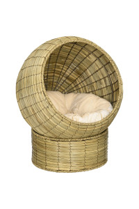 PawHut Cat Basket Bed with Soft Cushion & Cat Egg Chair Shape, Mat Grass Woven Elevated Cat Bed Kitty House with Stand, Raised Wicker Cat Bed for Indoor Cats, 20 Dia. x 23.5 H, Yellow