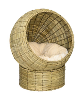PawHut Cat Basket Bed with Soft Cushion & Cat Egg Chair Shape, Mat Grass Woven Elevated Cat Bed Kitty House with Stand, Raised Wicker Cat Bed for Indoor Cats, 20 Dia. x 23.5 H, Yellow