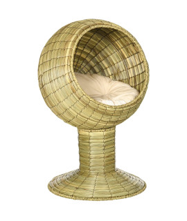 PawHut Elevated Cat Bed with Rotatable Egg Chair Pod, Cat Basket Bed with Thick Cushion, Natural Mat Grass Woven Kitty House, 16 Dia. x 28 H