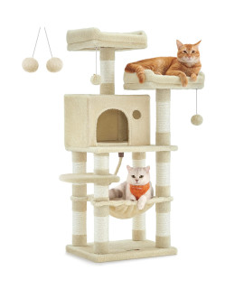 Feandrea Cat Tree, 44.1-Inch Cat Tower for Indoor Cats, Multi-Level Cat Condo with 11 Scratching Posts, 2 Perches, Cave, Hammock, Beige UPCT215M01