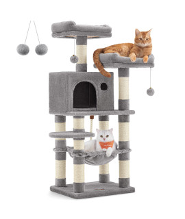 Feandrea Cat Tree, 44.1-Inch Cat Tower for Indoor Cats, Multi-Level Cat Condo with 11 Scratching Posts, 2 Perches, Cave, Hammock, Light Gray UPCT215W01