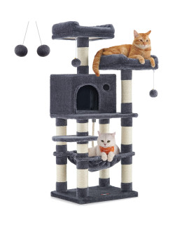 Feandrea Cat Tree, 44.1-Inch Cat Tower for Indoor Cats, Multi-Level Cat Condo with 11 Scratching Posts, 2 Perches, Cave, Hammock, Smoky Gray UPCT215G01