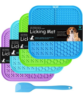 Licking Mat for Dogs & Cats 4 Pack, Slow Feeder Lick Pat Dog Enrichment Toys, Feeding Mat Anxiety Relief with Suction Cups for Butter Food Yogurt Peanut, Pets Training Mat (Blue&Green&Cyan&Purple)