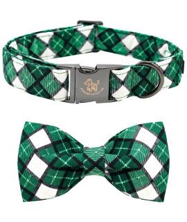 Elegant little tail St. Patrick's Day Dog Collar, Dog Collar with Bow, Green Grid Dog Collar Pet Gift Dog Bowtie Adjustable Dog Collar for Small Dogs