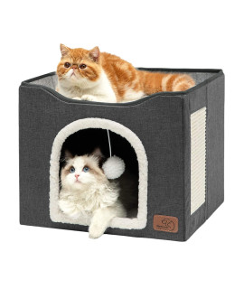 Bedsure Cat Beds for Indoor Cats - Large Cat Cave for Pet Cat House with Fluffy Ball Hanging and Scratch Pad, Foldable Cat Hideaway,16.5x16.5x13 inches, Dark Grey