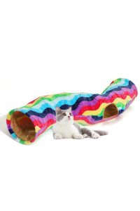 LUCKITTY Cat Tunnel - S-Shaped, Rainbow Wave Color, Soft Velvet Exterior, Oxford Fabric Fog-Proof Interior, Plush Toy Ball, Easily Washable, Conveniently Foldable, 47.2in/120cm