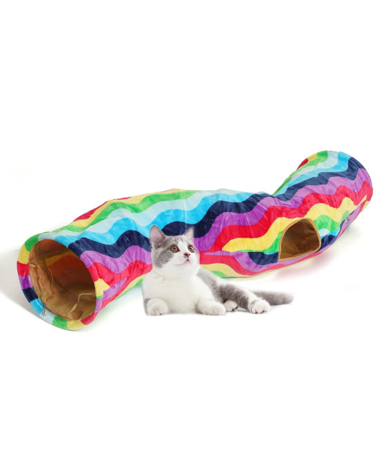 LUCKITTY Cat Tunnel - S-Shaped, Rainbow Wave Color, Soft Velvet Exterior, Oxford Fabric Fog-Proof Interior, Plush Toy Ball, Easily Washable, Conveniently Foldable, 47.2in/120cm