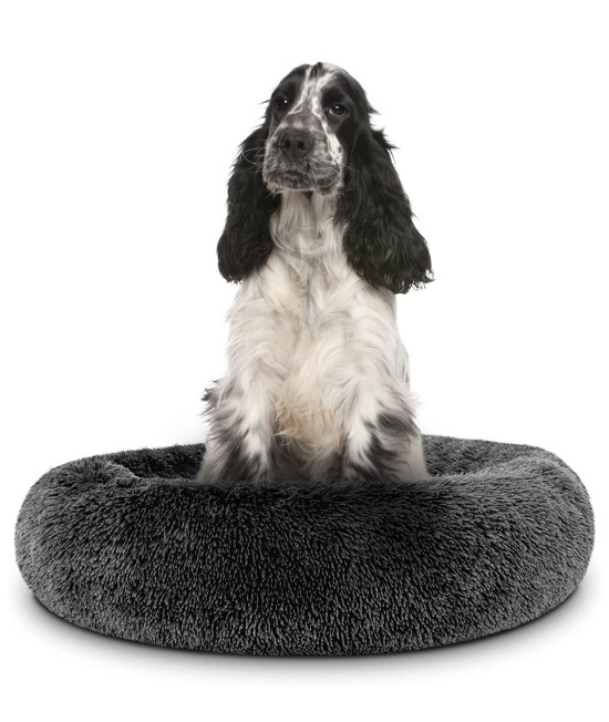 cardys Donut Dog Bed calming Dog and cat Beds Round Plush Donut cuddler Bed With Non Slip Base Anti Anxiety Propertie Easily Washable (60cm, Dark grey)
