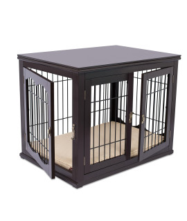 Internet's Best Decorative Dog Kennel with Pet Bed Small Fits Small Dogs Double Door Indoor Pet Crate Engineered Wood & Wire Furniture House for Dogs Side Table Nightstand - Espresso