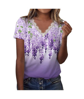 Blouses for Women, White Blouse Women Plus Size Night Out Tops Lace Blouses casual Loose Shirts V Neck Short Sleeve Flower Print Tops T-Shirts Tee Blouses Dressy Womens Tank Tops (M, Dark Purple)