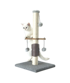 PAWSFANS Cat Scratching Post Sisal Vertical Scratcher Posts for Indoor Cats and Kittens,Three Hanging Ball Toy and Self-Grooming Brush,26inches Cat Scratch Pole Grey