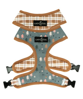 Lucy & Co. Cute Reversible Dog Harness Walking Halter - Best Designer Pet Harnesses for XS - XL Dogs - Padded Adjustable Vest for Easy Walking (Medium, Neutral Brown Plaid with Blue Trees)