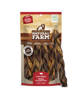 Natural Farm Odor Free Braided Collagen Chews for Dogs (12 Inch, 12 Pack), Collagen Sticks, Natural Dog Chews, Long Lasting, for Small, Medium and Large Dogs, Odor-Free, Rawhide Alternative