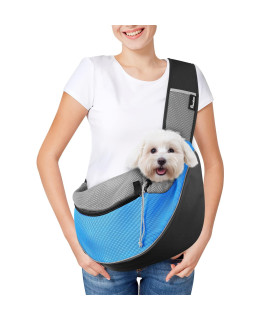 Pawaboo Pet Dog Sling Carrier, Hand Free Drawstring Dog Papoose with Adjustable Strap, Breathable Mesh Bag for Puppy Cat, Crossbody Satchel Dog Purse with Pocket for Outdoor Travel, Light Blue, Small