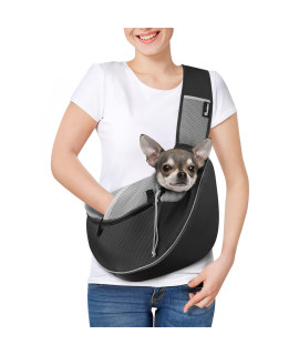 Pawaboo Dog Sling Carrier, Dog Papoose with Zipper Touch Pocket, Hand Free Breathable Mesh Puppy Carrier, Crossbody Satchel Dog Purse with Adjustable Strap for Outdoor Travel, Black, Small