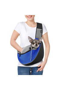 Pawaboo Dog Sling Carrier, Dog Papoose with Zipper Touch Pocket, Hand Free Breathable Mesh Puppy Carrier, Crossbody Satchel Dog Purse with Adjustable Strap for Outdoor Travel, Blue, Small