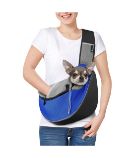 Pawaboo Dog Sling Carrier, Dog Papoose with Zipper Touch Pocket, Hand Free Breathable Mesh Puppy Carrier, Crossbody Satchel Dog Purse with Adjustable Strap for Outdoor Travel, Blue, Small