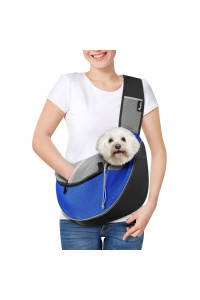 Pawaboo Dog Sling Carrier, Dog Papoose with Zipper Touch Pocket, Hand Free Breathable Mesh Puppy Carrier, Crossbody Satchel Dog Purse with Adjustable Strap for Outdoor Travel, Blue, Large
