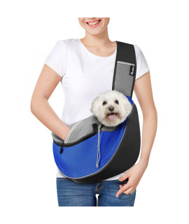 Pawaboo Dog Sling Carrier, Dog Papoose with Zipper Touch Pocket, Hand Free Breathable Mesh Puppy Carrier, Crossbody Satchel Dog Purse with Adjustable Strap for Outdoor Travel, Blue, Large